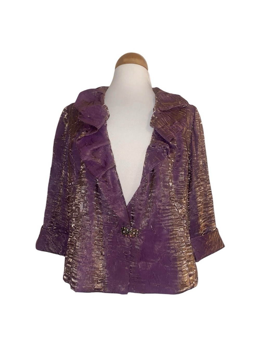 Alex Evenings Purple and Gold Metallic Ruffle-Collar Blazer SZ L